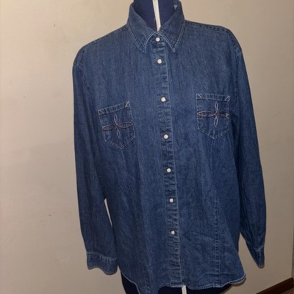 Vintage Women's Wrangler Blues Denim Shirt Pearl Snap Button Up Western  XL